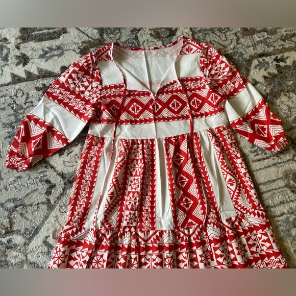 New Boho Ethic Geo Aztec Tribal Pattern Maxi Dress Loose Long Puff Sleeves Vneck - Picture 10 of 16
